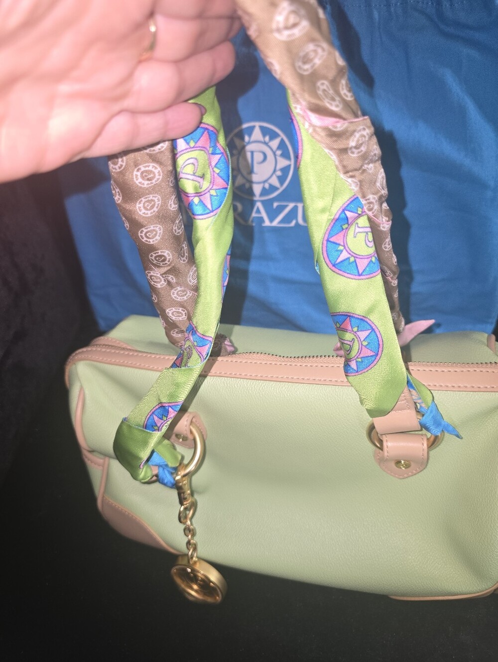 Parazul Pastel Green Satchel Bag + Matching Scarf & Charms (Upcycled/Wrapped Han